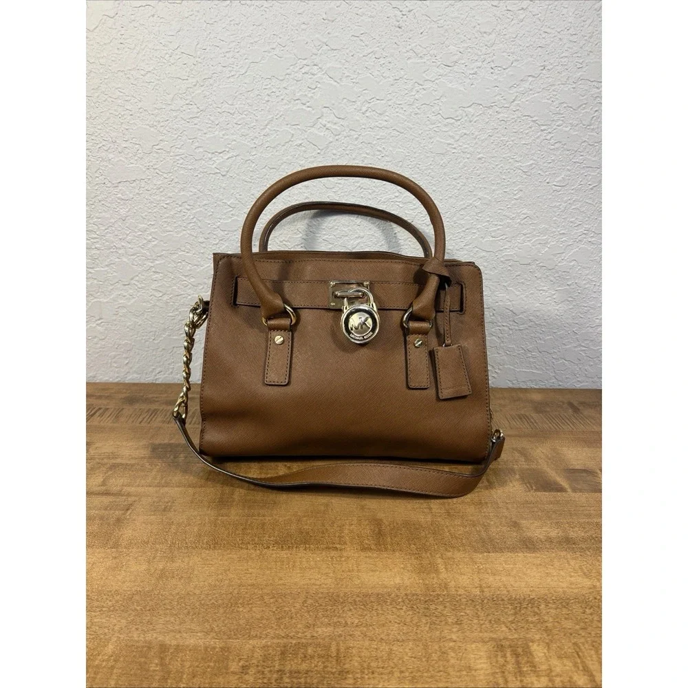 Michael Kors Brown Medium Satchel Top Handle Shoulder Strap Gold Hardware Lock